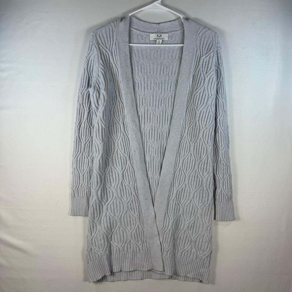 Magaschoni Womens Light Blue Cable Knit Open Front Longline Cardigan Sweater L